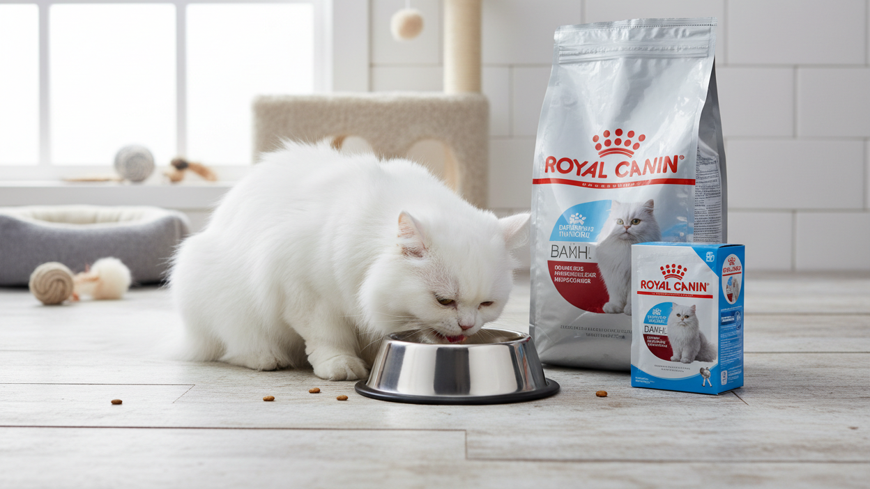 white cat eating food visible and royal canin
